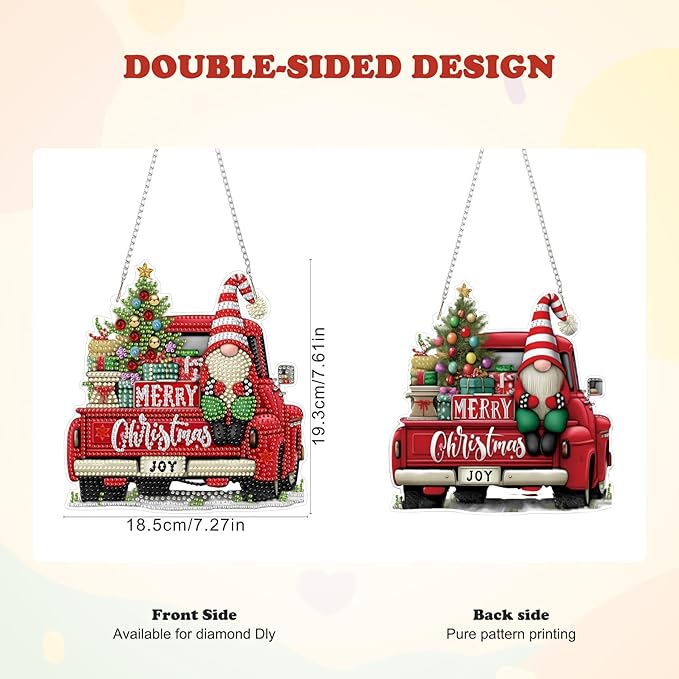 HEIBAGO Gnome Red Truck Diamond Art Hanging Kits for Adults Kids, 5D Special Shaped Crystal Diamond Painting Kit, DIY Pattern Window Pendant Gem Art Kit for Home Wall Decor 8.3 x 8.3 Inch