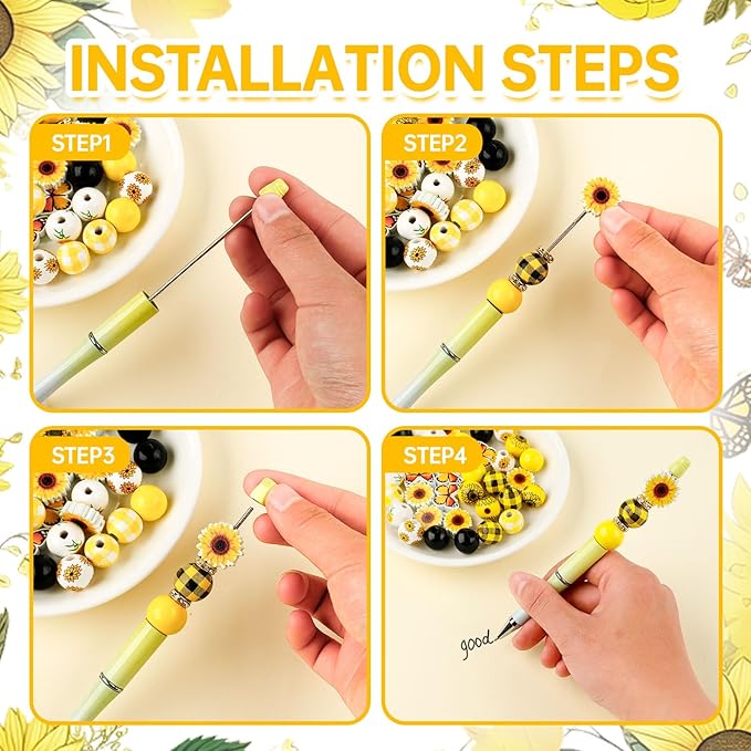 12 Set Sunflower Theme Plastic Beadable Pens DIY Set, Assorted Bead Pens Crystal Round Spacer Set Black Ink DIY Ballpoint for Teachers, Women Men Gift Office Supplies