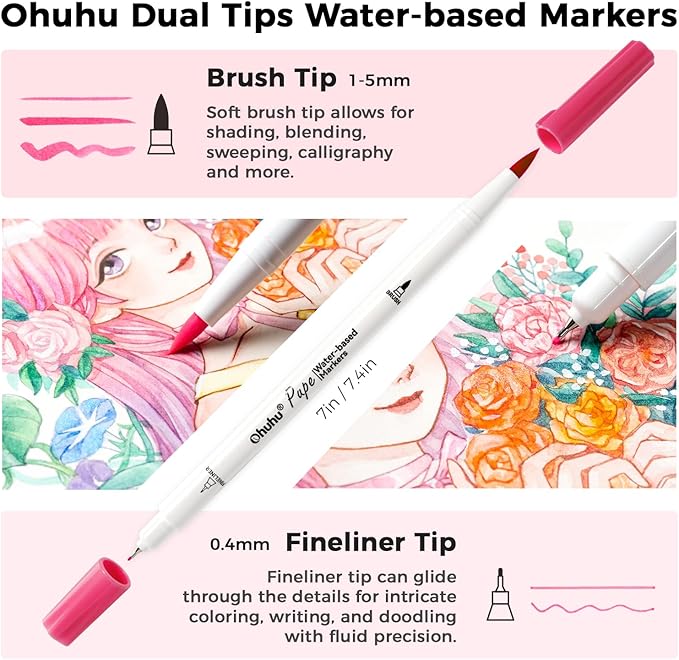 Ohuhu Markers Paper-friendly No Peeling Water-based 60 Colors Dual Brush Fineliner Tips Markers for Adult Coloring Books No Bleeding Coloring Markers for Kids Beginner Calligraphy - Pupe