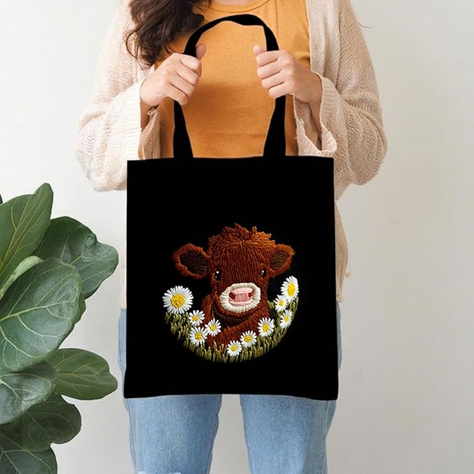 FSSODWT Embroidery Kit Canvas Tote Bag, Canvas Handbag Embroidery Kit for Beginners with Pre - Printed Highland Cow Pattern - DIY Needlepoint Crafts with Hoops Threads Needle for Adults