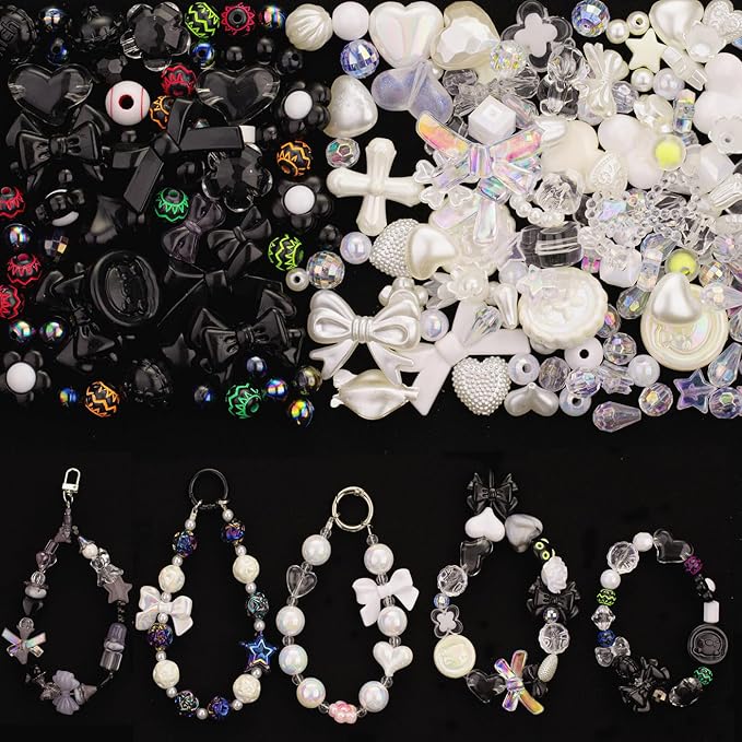 LAIDANLA Black and White Assorted Acrylic Beads for Bracelets Jewelry Making, Aesthetic Random Mix Cute Beads Flower Star Heart Bow Butterfly Bear Candy Beads for DIY Necklace Keychain 160g