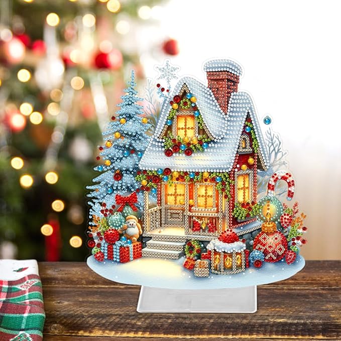 LAKEQUILL Christmas Diamond Painting Kits, Tabletop Ornament, Stand Up Diamond Art Desktop Kits for Home Office Decor, New Year Gift - Snow House