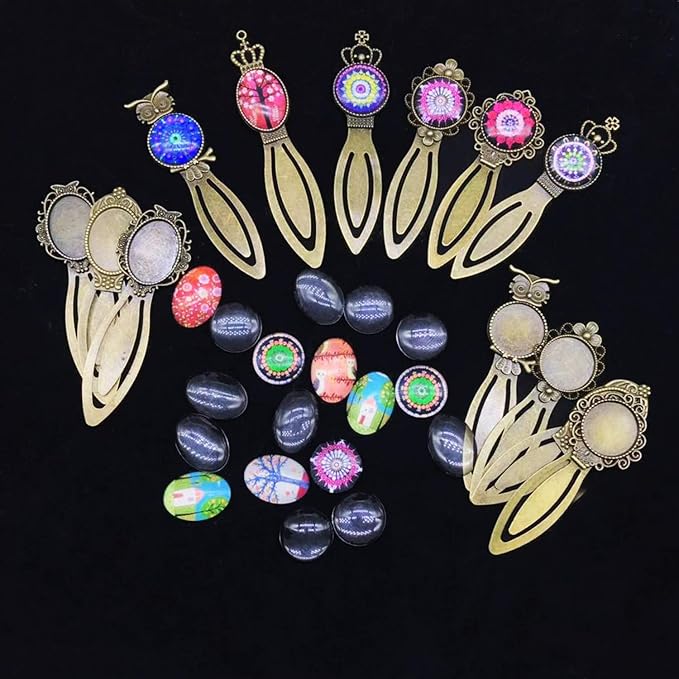 Allazone 14 PCS 7 Styles Antique Bronze Bookmark Pendant Tray Kit with 14 PCS Glass Dome Tiles Clear Cameo for Bookmark DIY Making, Reading Lovers, Necklace