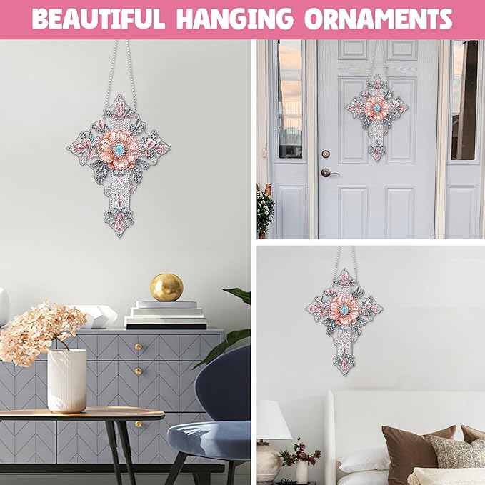 NAIMOER Diamond Art Hanging Kits for Adults, Cross Diamond Art Suncatchers, 5D Special Shape Fall Diamond Painting Pendant Window Ornament Gifts for Home Garden Door Wall Decor