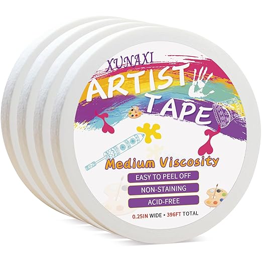4 Packs Artist Tape Medium Tack White Art Tape for Watercolor Paper Drafting Art Painting Canvas Framing Acid Free Masking Tape- 0.25IN Wide 396FT Long Total