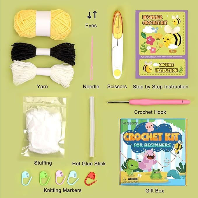 Karsspor Crochet Kit for Beginners, Crochet Starter Kit with Detailed Instructions and Video Tutorials, Complete Crochet Animal Kit, Crochet for Adults Kids, Adorable Bee