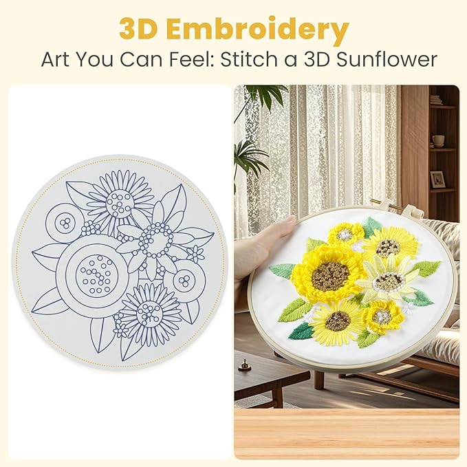 htvront 3d embroidery kit for beginners- sunflower embroidery kits with step-by-step video tutorials, 3d art finished with 5 stitches, beginner embroidery kit for adults for denim jackets, home decor