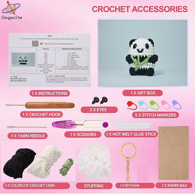 GougouStar Crochet Kit for Beginners, Animal Crochet Kits, Knitting Kit with Step-by-Step Video Tutorials and Crochet Accessories - Amigurumi Beginner Crochet Kit (Black Panda)