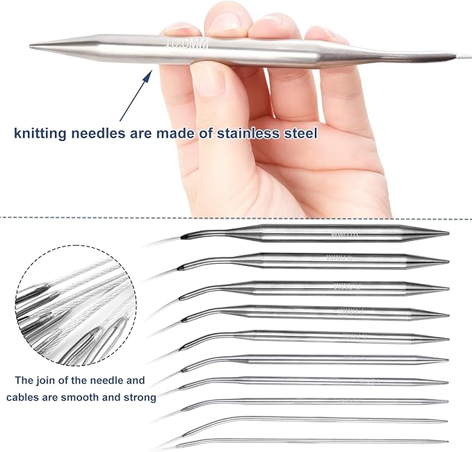 Circular Knitting Needles Set,10 Pack Round Long Stainless Steel Knitting Needles Kit (100cm),10 Sizes from 2.25mm-10.0mm,with Small Tools,for Beginners,Making Sweater,Scarf,Blanket