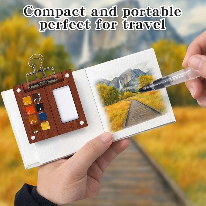 Mini Paint Palette Travel Kit - Mini Travel Watercolor Palette Set, Pocket Artist Water Color Travel Set with Colours, Watercolor Book, Clips, Pens,Wooden Paint Box for Painters Artists Student