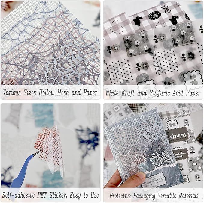 Diuhofart 47 Sheets Scrapbook Textured Papers for Crafts, Grey Theme Hollow Mesh Decorative Paper Sticker, Collage Materials for Junk Journaling Supplies, Scrap Book