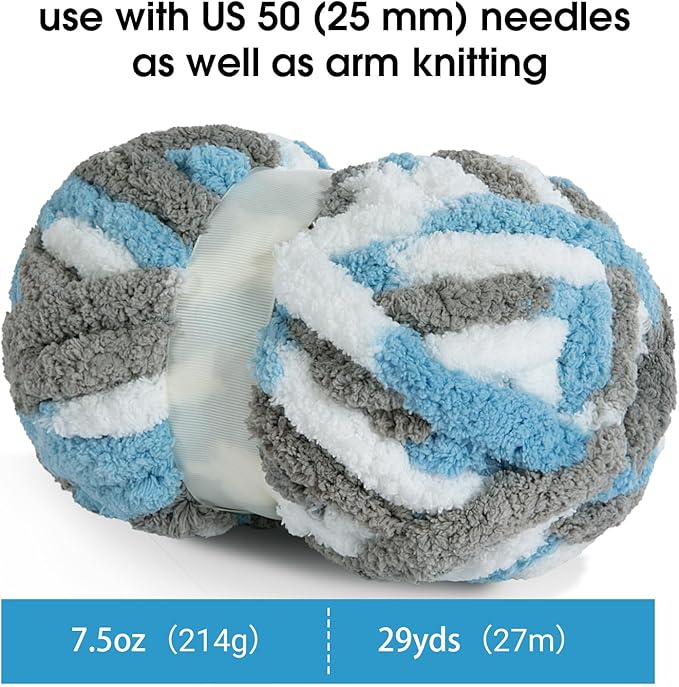 MABOZOO Tie Dye Chunky Yarn for Crocheting 8 Pack,Sky Blue Fluffy Jumbo Chenille Yarn,Soft Plush Yarn Bulky,Giant Thick Fuzzy Yarn for Hand Knitting or Arm Knitting (29 yds,8 oz Each Skein)