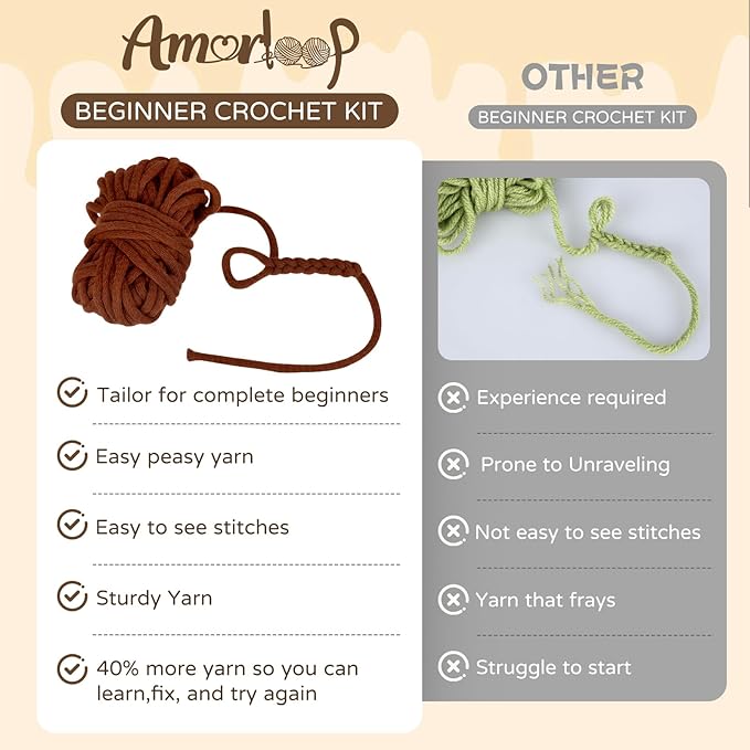 Amorloop Crochet Kit for Beginners – Easy-to-See Stitches Yarn, Pre-Started Piece, and Step-by-Step Video Tutorials | Starter Crochet Set with Cute Animal Pattern – Original Handmade Bear Pattern