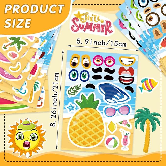 48 sheets summer stickers for kids, make a face sticker hawaii tropical pool beach sticker, make your own watermelon pineapple flamingo stickers for tropical luau party, summer holiday party favors