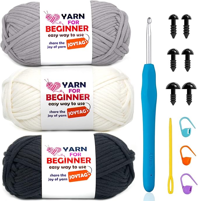 3 Pack Beginners Crochet Yarn Black White Grey Cotton Crochet Yarn for Crocheting Knitting Beginners with Easy-to-See Stitches Cotton-Nylon Blend Crochet Yarn for Beginners Crochet Kit(3x50g)
