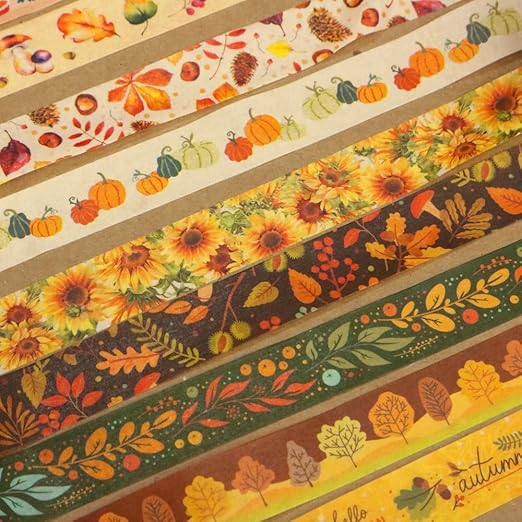 Autumn Washi Tape Set 10 Rolls - Autumn Leaves Pumpkin Sunflower Fall Decorative Tape for Bullet Journal, Planner, DIY Arts Crafts, Scrapbooking