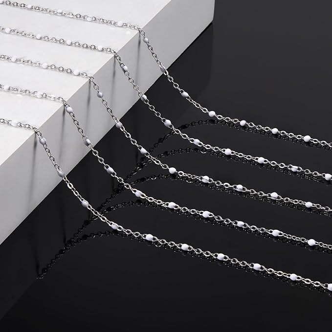 5 Meters Long Stainless Steel Silver Chains for Jewelry Making White Beaded Decorative Jewelry Bulk Small Enamel Chain Spool with Connectors for Women Men DIY Crafts