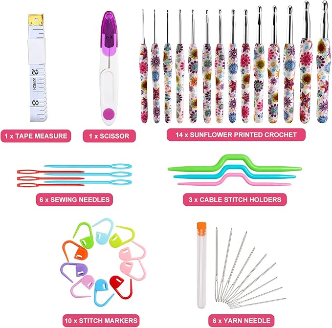 Looen Crochet Hooks Set, 14 Sizes 2.25mm(B)-10mm(N) Ergonomic Handle for Arthritic Hands, Soft Rubber Grip Knitting Needles Kit for Crochet Beginners, Knitting Enthusiasts(Purple)