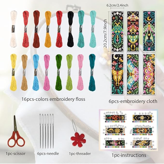 ORIGACH 6 Pcs Cross Stitch Bookmark Kit for Beginner Adults, Vivid Moths Stamped Embroidery Bookmark Kit with Instruction for Starters Printed Cross Stitch DIY Kits for Book Lovers