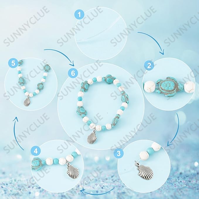 SUNNYCLUE 1 Box DIY 6Pcs Summer Ocean Theme 8mm Turquoise Beads Bracelets Shell Charms Bracelet Making Kit Turtle Spacers for Jewelry Making Alloy Starfish Sandal Beads Necklace Anklets Craft Supplies