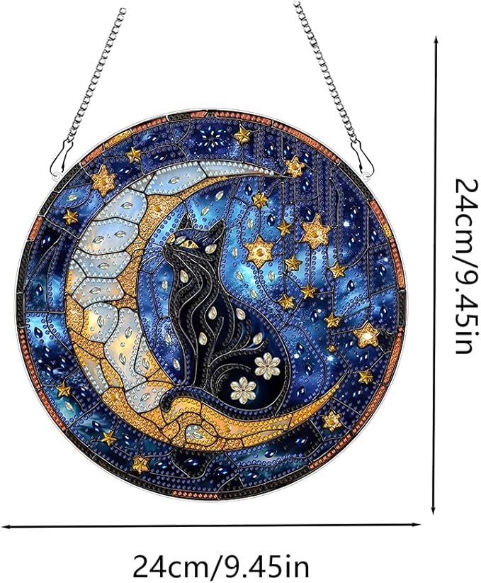 hyzsj DIY Hanging Diamond Art Pendant Painting Kit Cat,Acrylic 5D Moon Painting Window Pendants, Special Crystal Gem Craft Painting Kit Ornament
