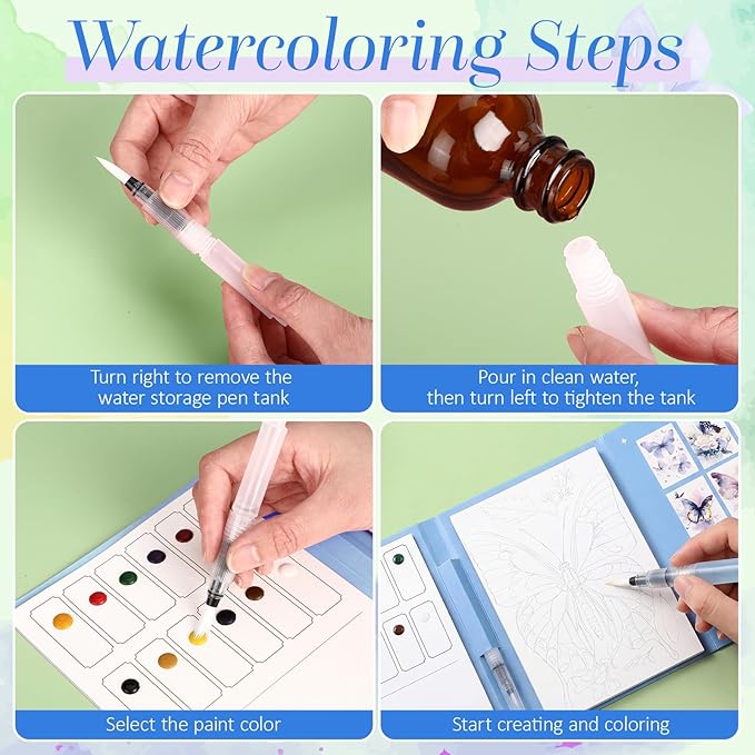 Dunzoom 32 Sheets Watercolor Coloring Book 2 Pack Water Color Workbook Paper Paint Set with 12 Colors Paint Cakes and Brushes for Adults Beginners Art Painting Supplies(Butterfly&Castles)