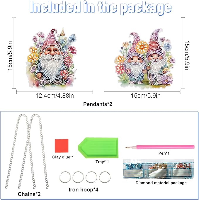 2 Pcs DIY Diamond Painting Gnome Hanging Ornaments – 5D Special-Shaped Dwarf Pendants with Floral Accents, Acrylic Window & Wall Decor Kit for Home and Gift
