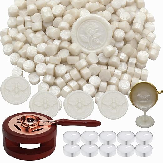 Wax Seal Beads Kit - 300pcs Pearl White Sealing Wax Beads with Wood Melting Warmer, Spoon & 10 Mini Candles for Stamp Seals, Wedding Invitation, Envelope, Cards, Gift Wrapping Decorations