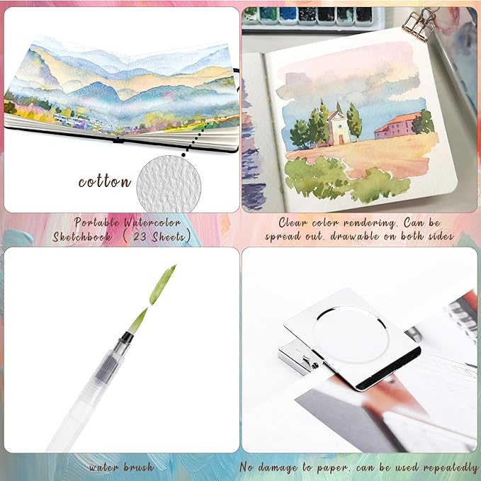 Mini Paint Palette Travel Kit - Mini Travel Watercolor Palette Set, Pocket Artist Water Color Travel Set with Colours, Watercolor Book, Binder Clips, Pens,Wooden Paint Box for Painters Artists Student