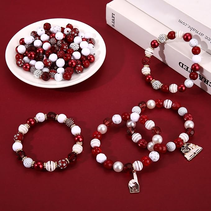 HSWE Game Day Beads for Bracelets Making Kit Heishi Clay Pearl Letter Assorted Round Bead Gold Spacer Beads Football Charms for DIY Bracelets Necklace Jewelry Making (Burgundy White Beads25)