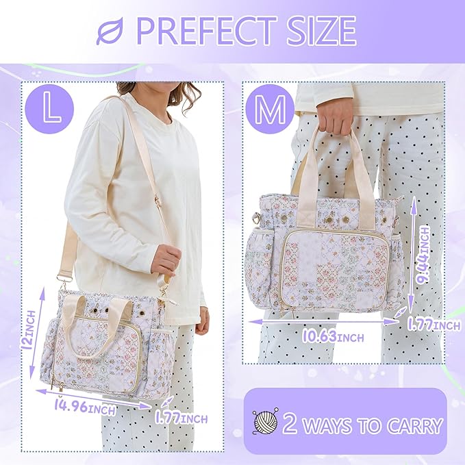 SilTriangle Large Floral Quilted Crochet Knitting Bags and Totes Organizer Cotton Yarn Hook Bag Holder Christmas Corduroy Gift for Crochet Lover Crocheting Accessories, Needle with Zipper, Size M