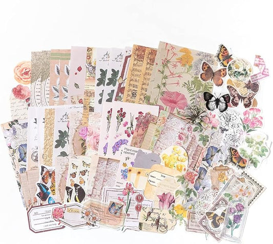 Alideco 260pcs Vintage Scrapbook Stickers Scrapbooking Paper Washi Junk Journaling Supplies Collage Album Aesthetic Cottagecore Picture Frames(Flowers Butterfly)