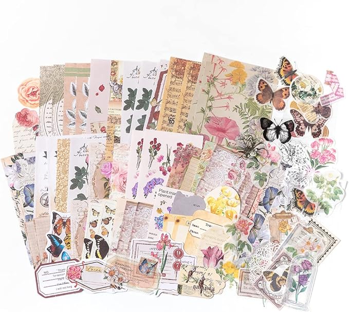 Alideco 260pcs Vintage Scrapbook Stickers Scrapbooking Paper Washi Junk Journaling Supplies Collage Album Aesthetic Cottagecore Picture Frames(Flowers Butterfly)