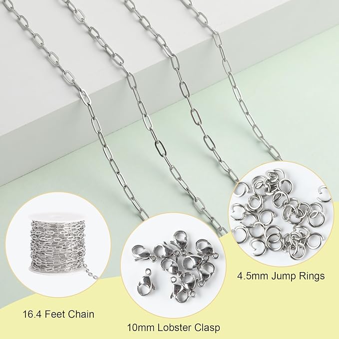 SMYHTGLIF 16.4 Feet Paper Clip Cable Chain Bulk Silver Stainless Steel Jewelry Making Chains Women Necklace Bracelet DIY Craft Chain for Jewelry Making