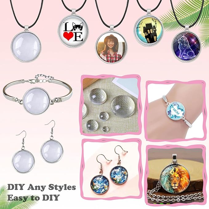 Pendant Trays Set with Cabochon Glass, Round Pendant Bezel Blank Trays, Bracelet Bangles Earrings Hooks Blanks for DIY Photo Cameo Jewelry Crfats Making