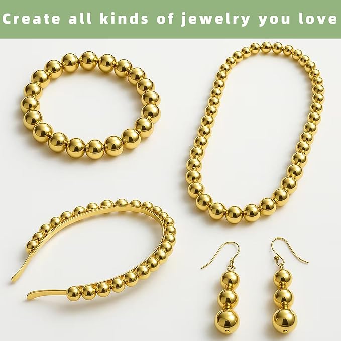 Laopottbeads 1225 Pcs Gold Beads with Oxidation-Resistant Finish, 4/6/8/10/12mm Round Beads DIY Kit for Bracelets, Earrings, Necklaces & Anklets