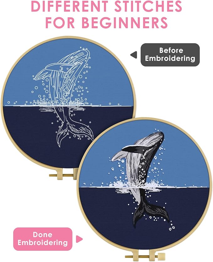 TINDTOP Embroidery Kit for Beginners Adult, Whale Embroidery Practice Kit for Beginners Include Embroidery Cloth Hoops Threads for Craft Lover Hand Stitch with Embroidery Skill Techniques