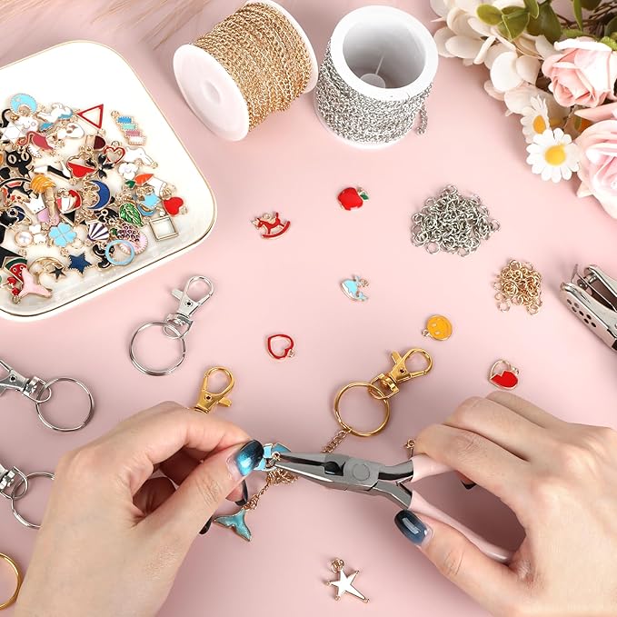 224 Pcs Lip Gloss Charm Keychain Set, Homemade Keychain Making Set, 100 Lip Gloss Charm, 20 Keychains, 1 Jewelry Plier, 1 Puncher, 16.5 Ft Rolls Chain, 100 Jumping Rings, for Jewelry Craft Gifts