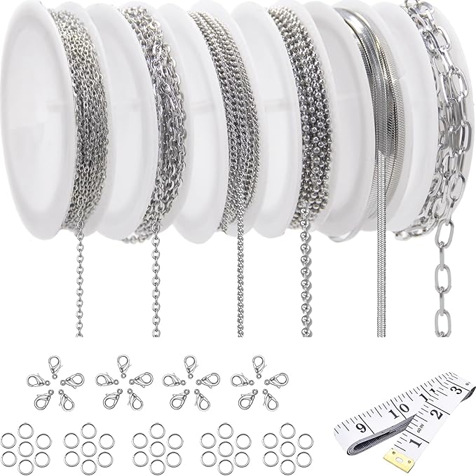 Necklace Chain for Jewelry Making, 42.6 Feet 6 Roll Stainless Steel Silver Jewelry Link Chains for DIY Necklace Bracelets Keychain Craft Jewelry Making Supplies with Jump Rings Lobster Clasp Connector