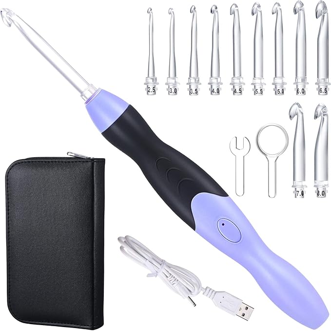 Chuangdi 11 Sizes Lighted Crochet Hooks Set Rechargeable Crochet Hook Light up Hooks with Case, Interchangeable Heads 2.5 mm to 8 mm for DIY Craft Supplies(Purple-Black)