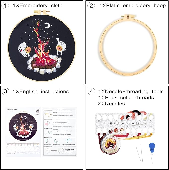 Crafmanoe Embroidery Kits for Beginners Adults, Cute Hand Embroidery Starter Kits, Counted Cross Stitch Kits for Beginners DIY Craft Kits for Adults Women, Embroidery Hoops, Thread and Video Tutorial