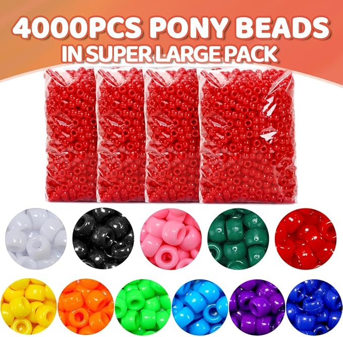 praisebank 4000pcs red barrel plastic pony beads for jewelry making, crafts, hair braids