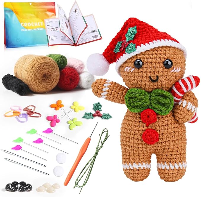Tierong Crochet Kit for Beginner,Gingerbread Man Crochet Kit with Step-by-Step Video Instructions, Easy to Learn for Ideal Christmas Gift for Adults