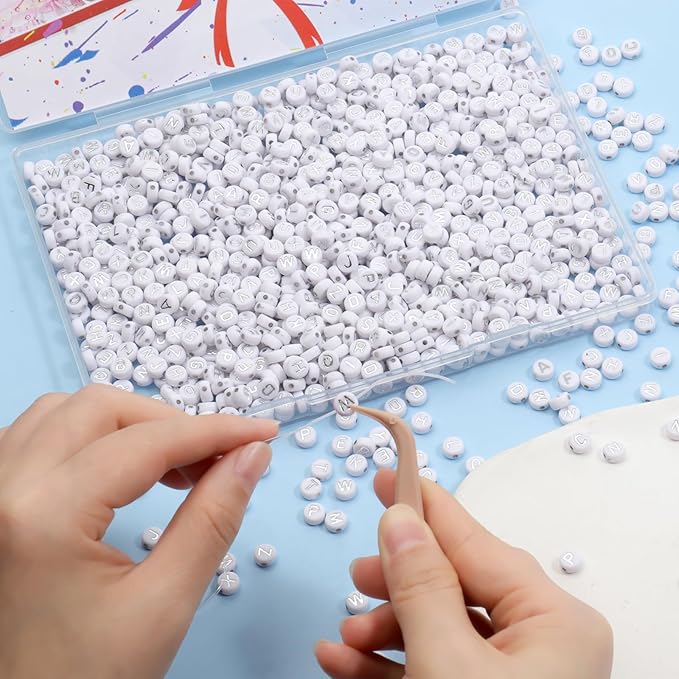 Song Xi 1200pcs Silver & White Round Acrylic Letter Beads - 4x7mm, Perfect for Jewelry Making, Crafts, Christmas DIY Gifts