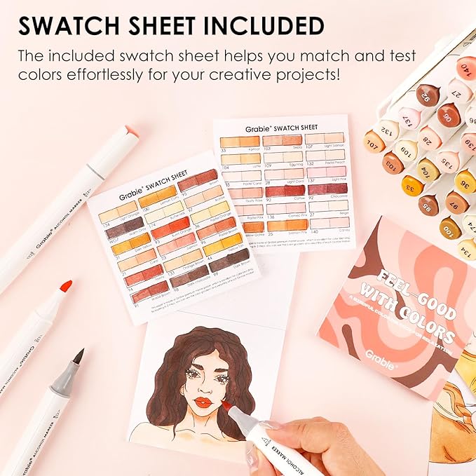 Grabie 36 Colors Dual Tip Skin Tone&Hair Alcohol Markers, Chisel & Brush Alcohol Based Skin Color Marker Set with Case and Coloring Book, Drawing Markers for Adults Coloring, Set of 36