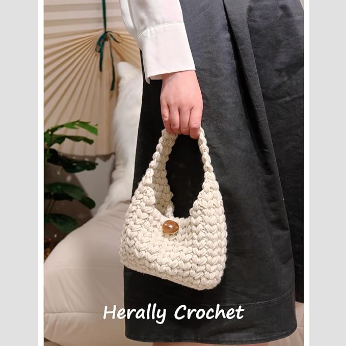Herally Crochet Kit DIY for Beginners - Include Yarn, Hook and Accessory - with Step by Step Video Tutorials - Wheateat Hobo Bag (Beige)