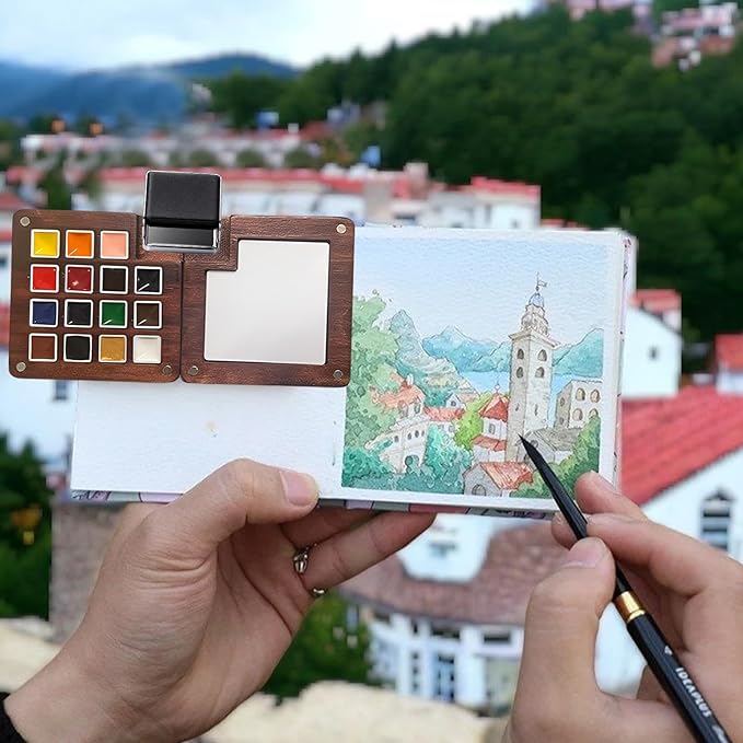 Mini Watercolor Paint Palette Set - Travel Watercolor Set, Pocket Artist Water Color Travel Set with 18 Colours, Paintbrushes, Watercolor Pens, Wooden Palette Box for Painters Artists Students