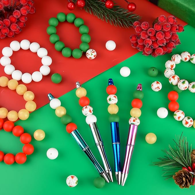 ASTARON 100 Pcs 15mm Silicone Beads for Keychain Making, Green Red Gold Round Beads Bulk for Christmas Bracelets Crafts Jewelry Making Supplies Christmas Gift Ideas Decorations
