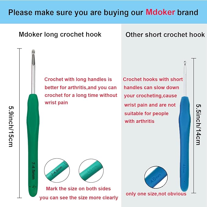Mdoker Extra Long Crochet Hooks,Ergonomic Grip Soft Handles for Handmade DIY Crocheting,Crochet Hook Needles for Arthritic Hands,Size J/10(6.0MM)