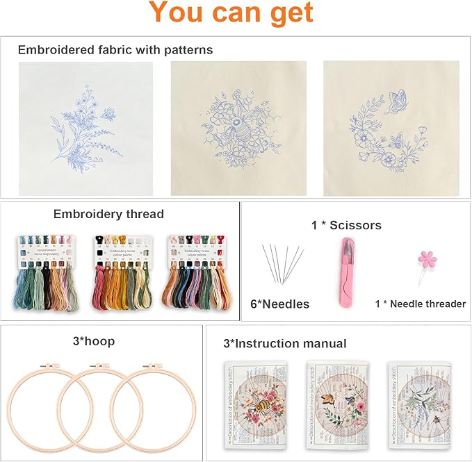 Myfelicity Eembroidery kit for Beginners Adults, 3-Piece Bee and Butterfly Floral Designs,Including Tools Handmade Embroidery Hoop Art Set (red)